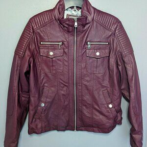 YMI Collection Faux Leather Moto Bomber Jacket Burgandy with Faux Fur Lining - L